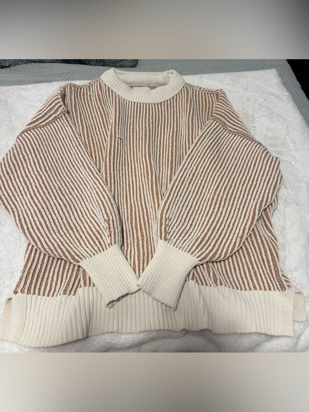 aerie Striped Knit Crewneck Sweater in Cream and Tan